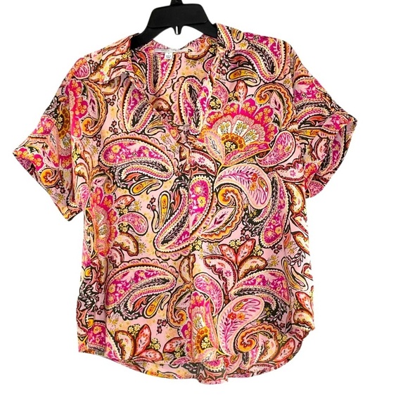 Single Thread Pink Paisley Satin Like Top with Collar, Paisley Print Blouse S - Picture 4 of 14